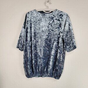 Les Petites Paris Women Blue Crushed Velvet Top Short Sleeve V-Neck Soft Stretch